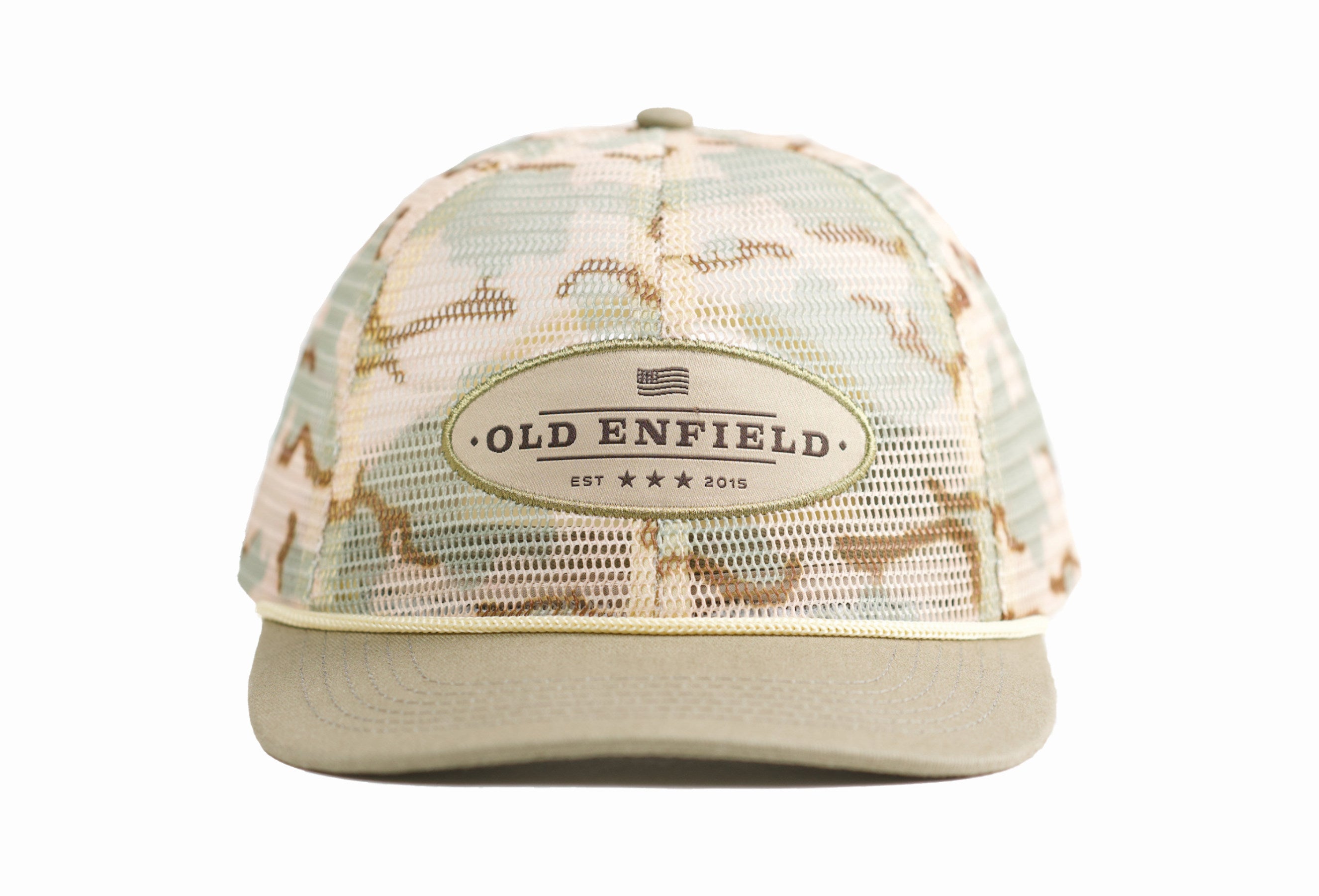 tan camo mesh hat, vintage rope hat, mens hat, vintage tan camo hat, rope hat, camo trucker hat, hunting, fishing, old enfield supply co.