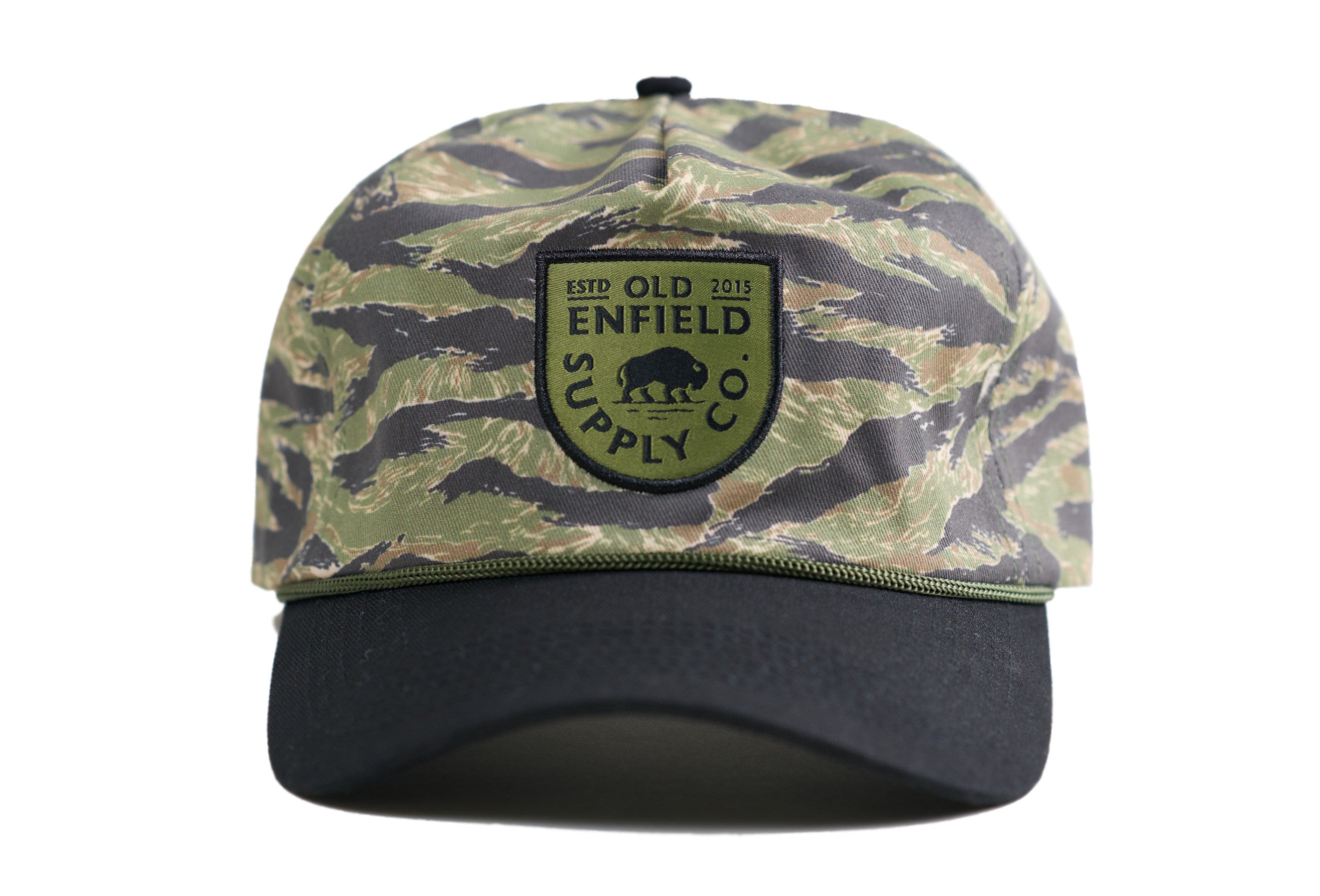 buffalo patch strapback hat, vintage rope hat, mens hat, vintage hat, rope hat, tiger stripe, camo, camouflage, hunting, fishing, old enfield supply co.