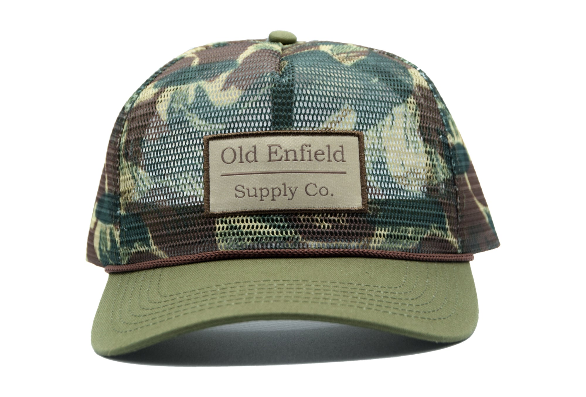 rhodesian brushstroke, camo mesh hat, vintage rope hat, snapback hat mens, vintage camo hat, snapback rope hat, camo trucker hat, hunting, fishing, old enfield supply co.
