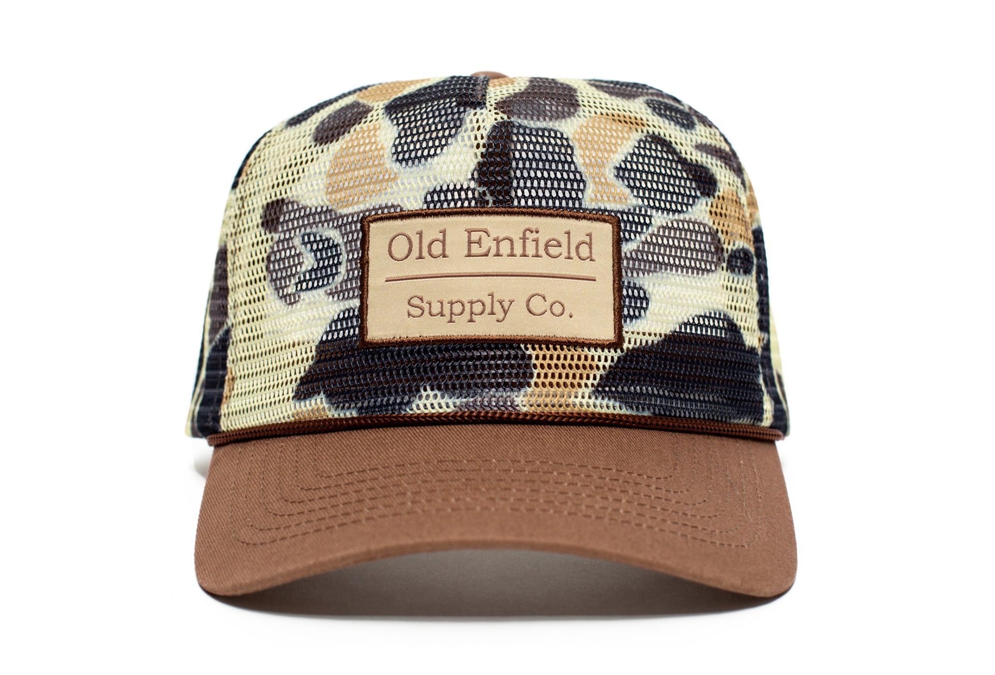 camo mesh hat, vintage rope hat, snapback hat mens, vintage camo hat, snapback rope hat, camo trucker hat, hunting, fishing, old enfield supply co.